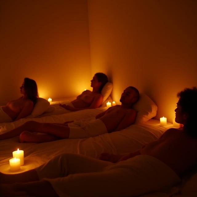 Group relaxing in a candlelit sound bath setting